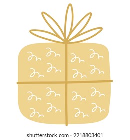 Elegant, yellow box with ribbon and bow. Christmas pattern. Traditional symbol of the New Year. The tradition of giving gifts. Design for stickers, cards, templates, banners, social media posts.