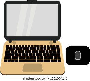 Elegant yellow brown laptop and mouse suitable for office and village designs. white background