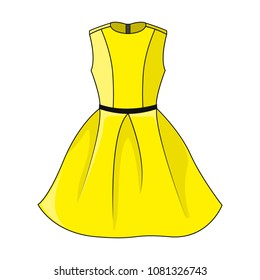 Elegant yellow dress icon. Beautiful short yellow dress with black/dark gray belt, isolated on white background. Festive dress without sleeves. Vector illustration, EPS10.