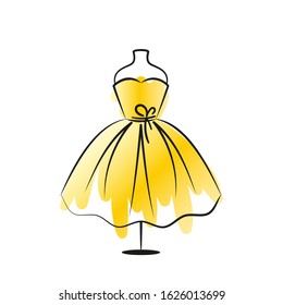 Elegant yellow dress on a hanger. The symbol can be used as an icon, logo, or design element. Vector illustration isolated on white background.