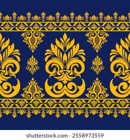 An Elegant yellow floral pattern on deep blue background, featuring intricate designs and symmetrical motifs that create striking visual appeal