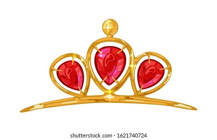 Elegant yellow golden tiara, diadem, crown, circlet or headband with three red gemstones petals pyrope, garnet, rhodolite or ruby. Luxury accessory vector realistic illustration isolated on white.