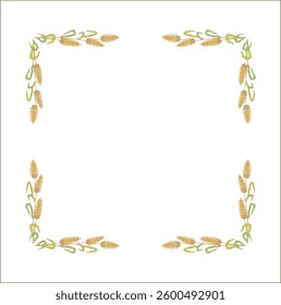Elegant yellow and green ornamental frame with cereal spikelets, wheat ears, decorative border, corners for greeting cards, banners, business cards, invitations, menus. Isolated vector illustration.	