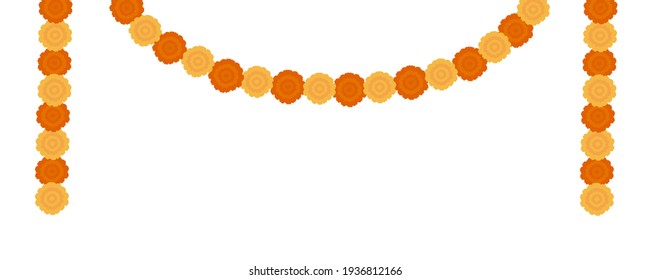 Elegant Yellow Indian Vector Marigold Flowers Garland. Gorgeous orange floral decoration with lush petals for hindu religious ceremony or wedding. Colorful flat isolated on white background.