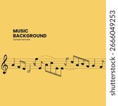 Elegant yellow music background vector with a dynamic wave of music notes and a treble clef. Ideal for posters, events, and musical themes