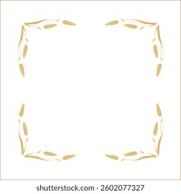 Elegant yellow ornamental frame with cereal spikelets, wheat ears, decorative border, corners for greeting cards, banners, business cards, invitations, menus. Isolated vector illustration.	