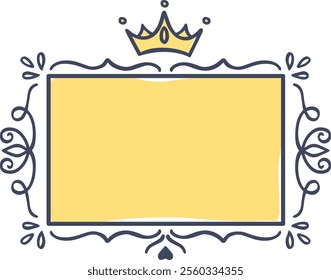 Elegant yellow rectangular frame with crown and flourishes, perfect for invitations, announcements, or any design project requiring a touch of royalty and sophistication