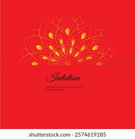 "Elegant Yellow and red Mandela Design ,invitation ,with Radiant Patterns and Symmetrical Details"