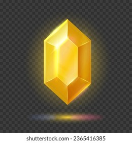 Elegant yellow shiny gem or magic crystal. Gemstone icon isolated on transparent effect background. Vector illustration.