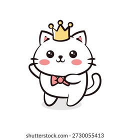 Elegant yet cute vector illustration of a cat wearing a gold crown and a red bowtie, ideal for "little prince" themes.