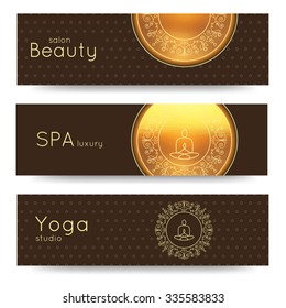Elegant yoga vector banner. Professional banner templates for yoga studio, yoga website, yoga magazine, publishing, presentation. Identity design for SPA, beauty salon, ayurveda clinic in luxury style
