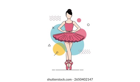 Elegant young ballerina performing a graceful dance in a pink tutu on pointe shoes with abstract shapes background