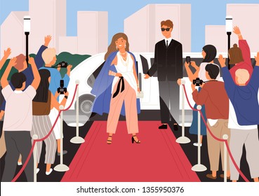 Elegant Young Beautiful Woman, Female Celebrity, Movie Star Or Superstar Posing In Front Of Photographers During Red Carpet Ceremony. Famous Person. Flat Cartoon Colorful Vector Illustration.