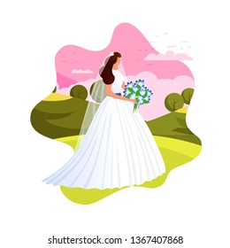 Elegant Young Bride in Beautiful White Dress Getting Ready for Wedding Ceremony. Bridegroom Woman Stand on Sunset Landscape Background. Marriage, Wedding Event. Cartoon Flat Vector Illustration. Icon.