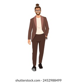 Elegant young businessman in coat or casual suit. Senior manager or politician walking. Flat vector illustration isolated on white background