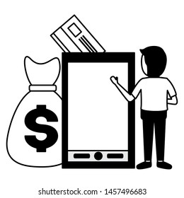 elegant young businessman with smartphone and money vector illustration design