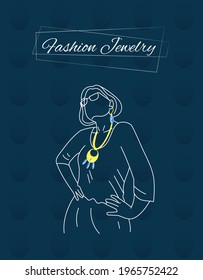 An Elegant young Businesswoman with a Necklace and Earrings made of Gold and Precious Stones. The concept of women Jewelry for work in the office. Everyday. Vector linear Drawn illustration.