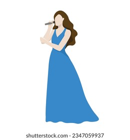 An elegant young diva singer in blue dress and performing singing posture on stage. Vector illustration flat charactor design on white background