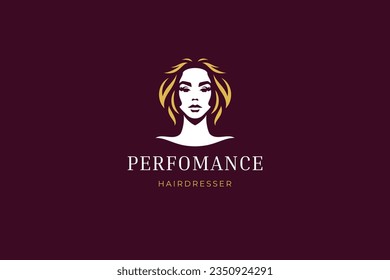 Elegant young female portrait blonde hairstyle retro logo design template for fashion beauty vector flat illustration. Beautiful woman face silhouette emblem for cosmetology hairdressing skin care