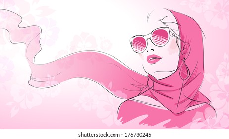 Elegant young girl portrait with red scarf sunglasses and earrings with floral background vector illustration
