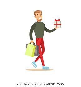 Elegant young handsome man with gift box and shopping bags colorful character vector Illustration