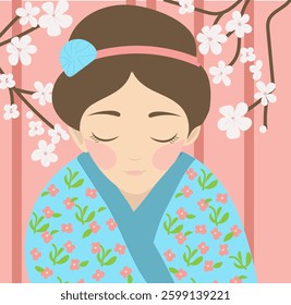 Elegant young Japanese woman wearing a traditional kimono, standing gracefully near a blooming cherry blossom tree. Minimalistic and stylish flat vector illustration, perfect for prints, postcards, br