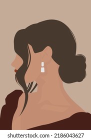 An elegant young lady with beautifully tied hair. Vector flat image of a brown-haired woman in a dress. Design for postcards, avatars, posters, backgrounds, templates, textiles, banners.