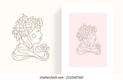 Elegant young lady head with blossom flowers in hair minimalist fashion line art icon card frame set vector illustration. Beautiful romantic feminine blooming floral hairstyle cosmetic makeup logo