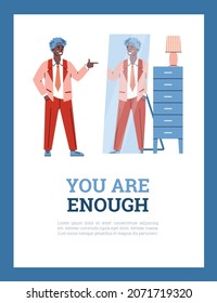 Elegant young man admiring on reflection in mirror. Concept of positive self acceptance, esteem and confidence. Flat vector illustration.