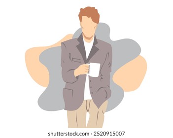 Un joven elegante mirando hacia adelante, con una mano en el bolsillo y en la otra sosteniendo una taza. Ilustración vectorial
