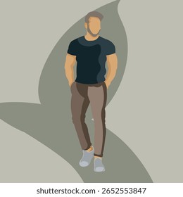 Um jovem elegante de terno elegante. Ilustração de vetor plano, moda. Sem rosto. Nenhuma inteligência artificial foi usada para criar a ilustração.