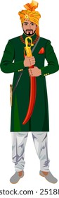 Elegant young man in Indian national traditional costume of dark green color in orange turban holds sword in red scabbard in front of him stands at full height Vector