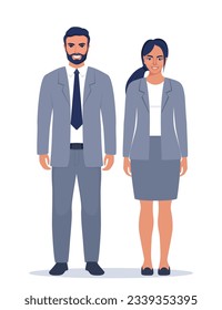 Elegant young man and woman in business suits. Flat sytle illustration of a handsome successful business people