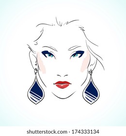 Elegant young model face with expressive eyes wearing earrings isolated vector illustration