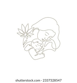 Elegant young mother with flower hugging cute little son continuous line art style logo vector illustration. Happy family mommy and kid child baby embracing minimal silhouette contoured icon isolated