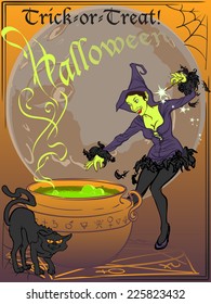 Elegant young witch accompanied by her black cat brews bubbling potion in a pot. Full yellow moon is behind. EPS8 Vector illustration.