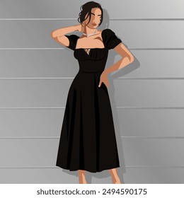 Elegant young woman in a black midi dress. Fashion illustration, faceless. Vector, hand drawn. 
