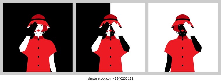 Elegant young woman closes her eyes with her hands. The concept of hiding from the obvious. Run away from reality. Flat style. Vector.
