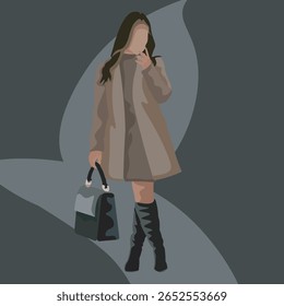Uma mulher jovem elegante em uma roupa elegante que consiste em uma saia superior e fluindo. Ilustração de vetor plano, moda. Sem rosto. Nenhuma inteligência artificial foi usada para criar a ilustração.