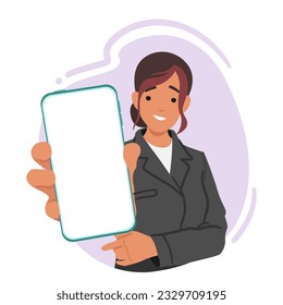 Elegant Young Woman In Formal Attire Displaying Smartphone Screen. Female Character Confidently Presenting Information With A Captivating Smile And Professional Demeanor. Cartoon Vector Illustration