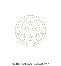 Elegant young woman with hair portrait in circle frame golden line art icon vector illustration. Beautiful female model face luxury emblem logo hairdresser hairstyle beauty salon cosmetic skin care