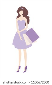 Elegant young woman in light Purple dress with shopping bags. Vector EPS 10 cmyk