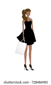 Elegant young woman in little black dress with shopping bag. Vector EPS 10 cmyk