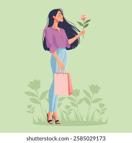 Elegant young woman with long dark hair holding a flower and a shopping bag. Stylish outfit, pastel colors, and floral background. Perfect for fashion, beauty, shopping, and lifestyle themes.