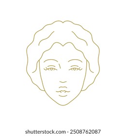 Elegante modelo jovem rosto mínimo ícone de arte da linha de ouro para ilustração vetorial do salão de beleza. Luxo feminino retrato insígnia logotipo linear para cabeleireiro pele cuidado cosmético marca