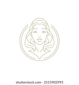 Elegant young woman model portrait in golden circle frame line art icon vector illustration. Beautiful female face luxury emblem logo for beauty salon makeup artist cosmetic cosmetology brand