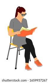 Elegant young woman reading book vector illustration isolated on white background. Girl sitting on chair and reads magazine. Student lady study. Working after class. Quality time in waiting room