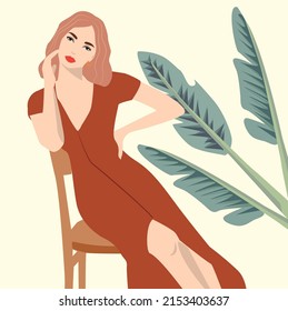 An elegant young woman in a red dress is sitting on a chair. A girl on a light green background with tropical plants. Summer illustration for social networks, fashion magazine