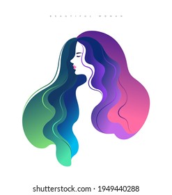 Elegant young woman side face with colorful hair, Cute girl side face with polite expression and closed eyes, Vector illustration of female model, Fashion and beauty.