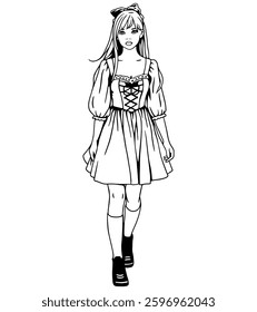 Elegant young woman in a vintage dress with puffed sleeves and a corset, walking gracefully. Black and white line art, perfect for coloring books and design projects.